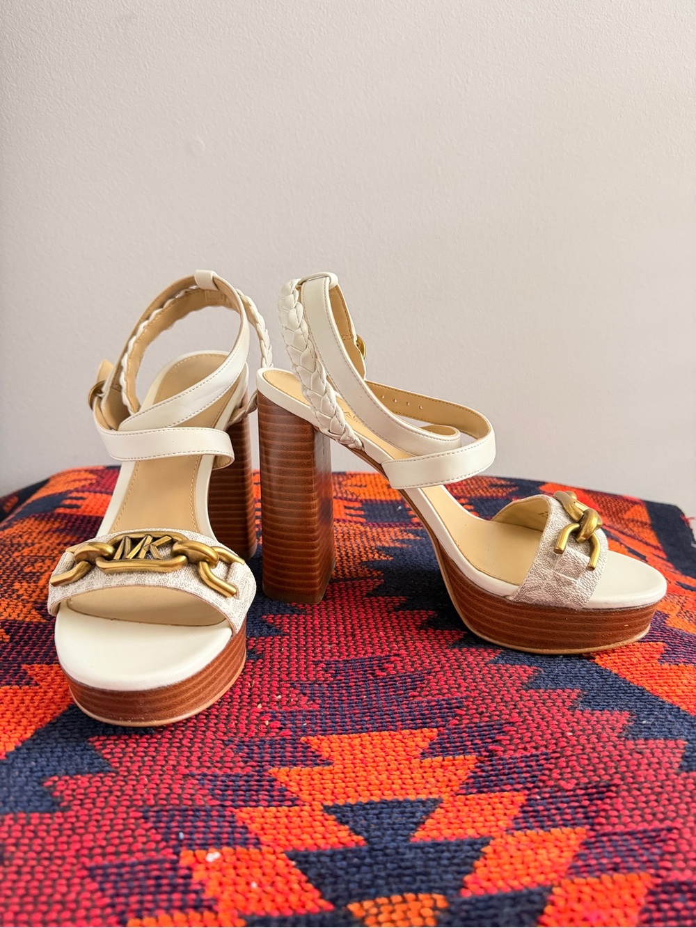 Michael Kors Cream Platform Sandals with Gold Chain
